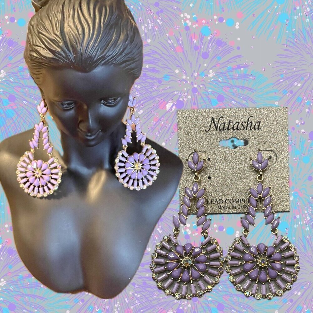 Natasha Lilac Pinwheel Beaded Pave Accent Dangle Bullet Post Closure Earrings